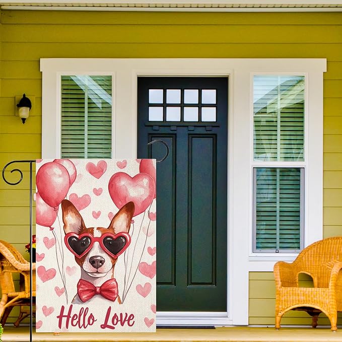 Valentine's Day Basenji Hello Love Garden Flag, House Yard Plaid Love Heart Outside Decoration, Spring Holiday Wedding Anniversary Outdoor Small Decor 12x18(12615)