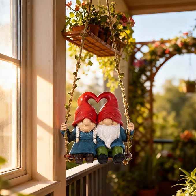 Heart Hat Gnome Couple Swing Hanging Statue - Indoor/Outdoor Funny Gnome Decor, Hanging Garden Ornament for Yard, Tree, Patio, Balcony, Living Room - Gnome Gift for Home Outdoor Decoration