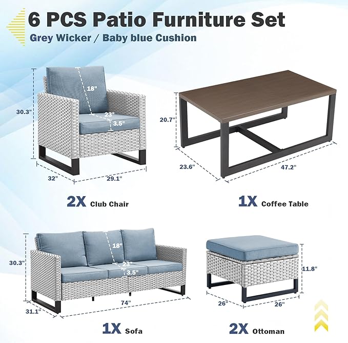 Belord 6 Piece Outdoor Furniture Patio Wicker Sofa Set, Oversize Outdoor Dining Chairs with Rattan Ottomans, Conversation Sets Patio Furniture Come with Removable Cushion Baby Blue, Light Grey