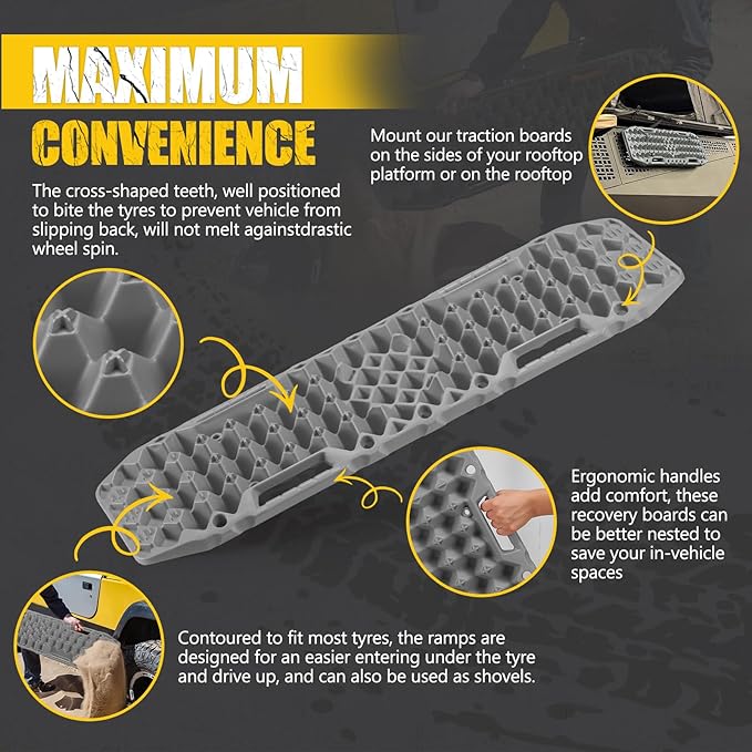 BUNKER INDUST Off-road Traction Boards with Jack Base,Pair Recovery Track 4X4 Jeep Truck Emergency Tire Traction Mat with Bag -Sand, Mud, Snow Tracks Grey Traction Pad (Gen 7th)