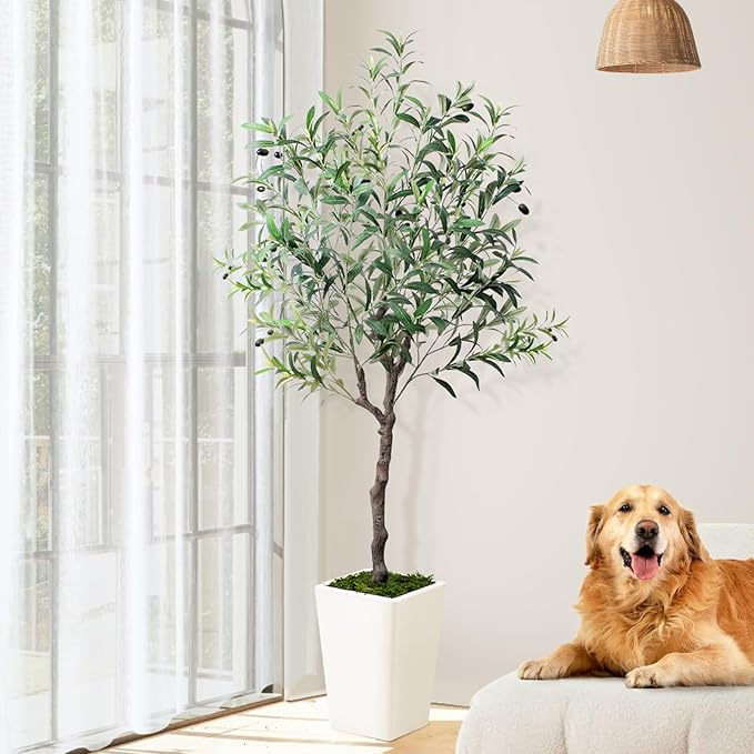 Olive Trees Artificial Indoor 5ft, 2 PCS Tall Faux Silk Plant with Pot, Realistic Leaves and Natural Wood Trunk Fake Trees with Lifelike Fruits for Home Office Decor Bedroom Livingroom Entryway