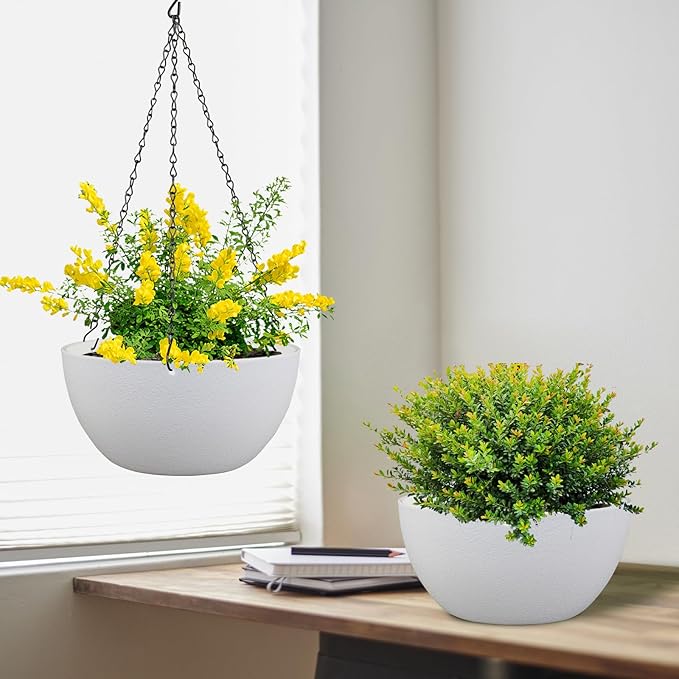 Meowell 12 inch Large Hanging Planters for Indoor Outdoor Plants, 2 Pack Hanging Flower Pots with Drainage Holes and Chain for Garden Porch, Plastic Hanging Baskets for House Plants, White
