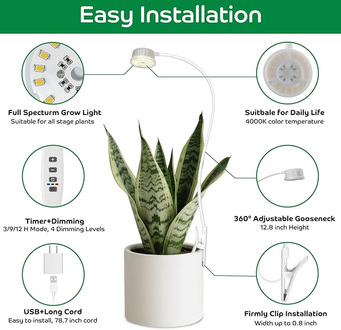 YKoliron Grow Lights for Indoor Plants, Clip on Full Spectrum Plant Light, Plant Grow Lights Indoor with Adjustable Gooseneck and 10-Level Dimming, 3/9/12H Timer for Office Home (1 Pack)