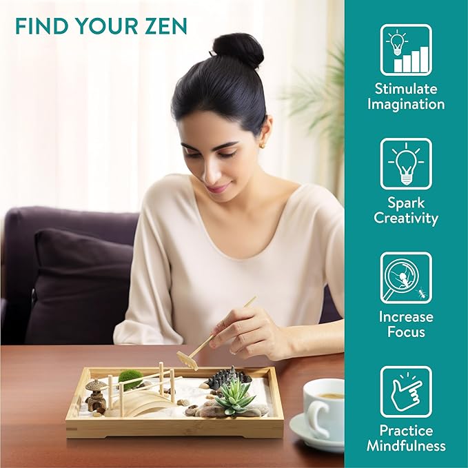 Navaris Zen Garden Kit - Mini Japanese Sand Garden - Miniature Meditation Stone Ornaments - Buddhist Gifts Complete Set - Rectangular Bamboo Tray, White Sand