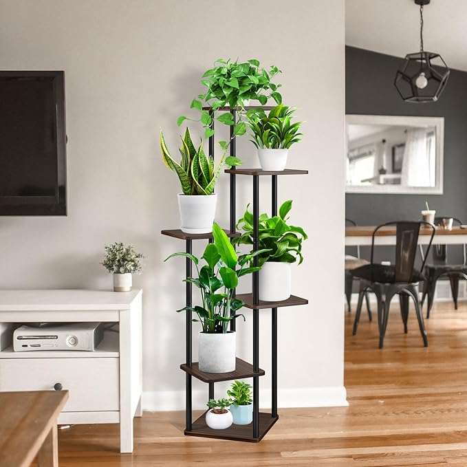 YOCOMEY 6 Tier Wood Tall Plant Stand Metal Rack Indoor, Multiple Flower Pot Holder Shelves Corner Rack, Planter Shelf Display Rack Storage Organizer for Patio Living Room Balcony Garden(Black Oak)