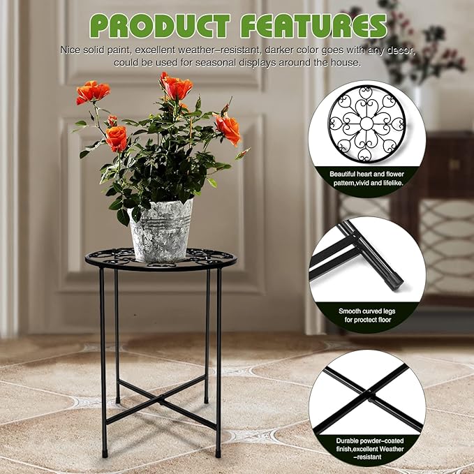 KABB Metal Plant Stand, 15'' Tall Flower Pot Set, Modern Rustproof 10-inch Round Outdoor Iron Art Stand, Black Decorative Stool for Indoor Plants