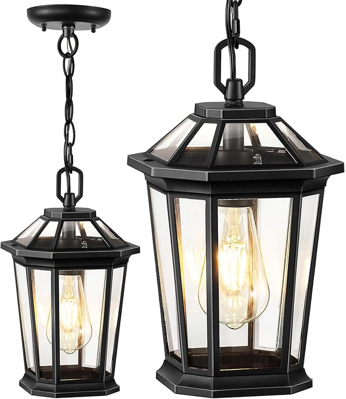 VIANIS Outdoor Pendant Lights, Modern Hanging Outside Lantern, Aluminum Porch Light Ceiling, Black Outdoor Chandelier for Porch with Clear Glass for House Doorway