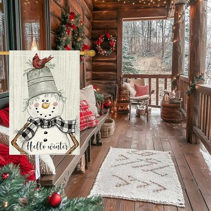 Hello Winter Garden Flag 28x40 Inch Double Sided,Christmas Winter Snowman Cardinal Holiday Yard Outdoor Flags (RMQ-83D, 28"X40")