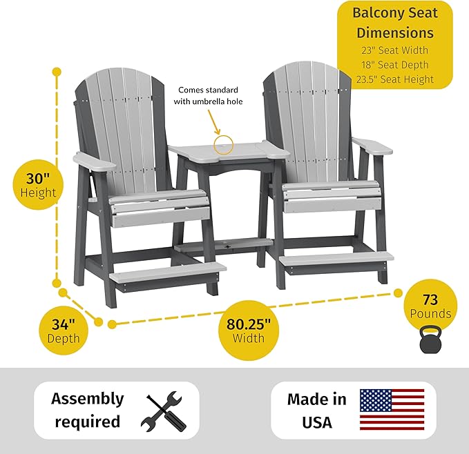 LuxCraft Poly Tete-a-Tete Patio Table and Counter Height Balcony Chairs with Umbrella Hole, Weatherproof Outdoor Patio Furniture Set for Outside - Amish Made in USA (Blue & Black)