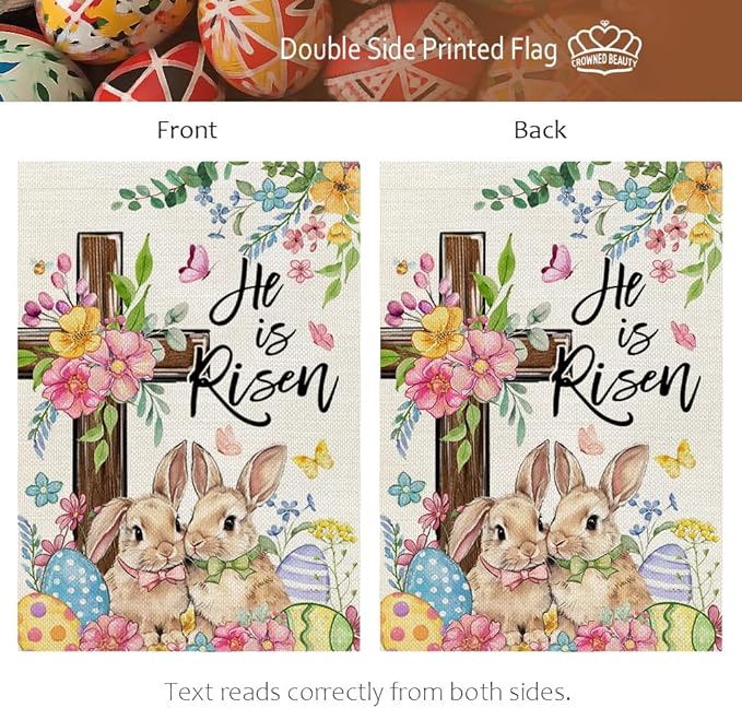 CROWNED BEAUTY Easter House Flag Cross Bunny 28x40 Inch Double Sided Large Holiday Welcome Decoration for Outside Yard