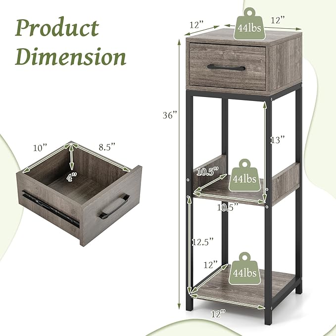Giantex 3 Tier Tall Plant Stand Indoor, 36 Inch Corner Plant Holder with Drawer & Metal Frame, Modern Plant Shelf for Multiple Flower Pots, Square Plant Tables for Balcony, Living room, 1 Pack
