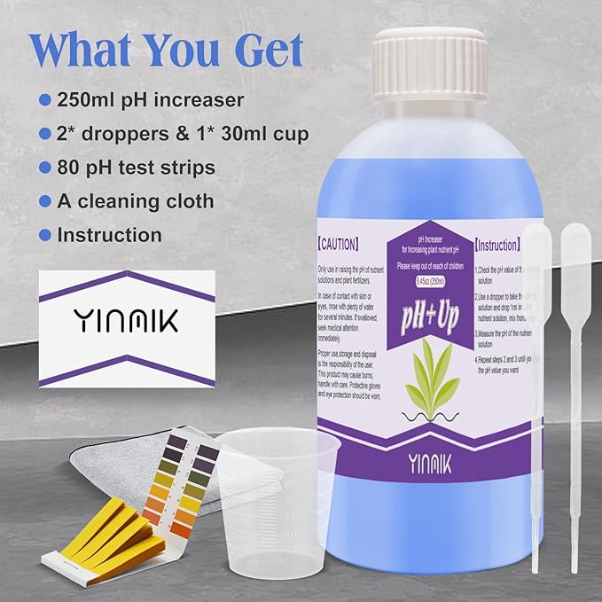 YINMIK General Hydroponics pH Up Liquid, pH Control Liquid Increase pH Levels, 250ml Premium Buffering for pH Stability,Suitable for All Hydroponics Feeding Systems, Both for Soil and Water