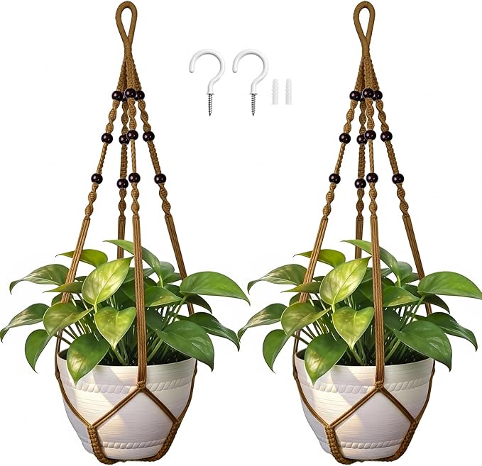 EJGIEGSO Macrame Plant Hanger, Up to 4-15 inch Pots, Wood Beads Cotton Hanging Planter Holder for Indoor Outdoor Boho Home Decor, 35 Inch, Set of 2 (Brown)