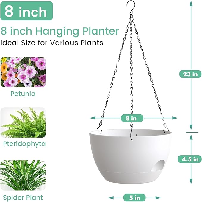 UOUZ 4 Pack 8 Inch Self Watering Hanging Planters for Indoor Outdoor Plants，Hanging Pots for Plants with Drainage Removable Tray, Hanging Baskets Flower Pots for Ivy Pothos Spider Garden Porch White