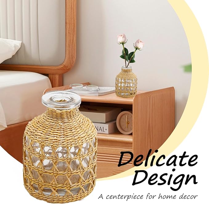 Flower Vases with Rattan Cover Straw Woven Glass Vase Boho Glass Flower Vase for Arrangement Table Decoration, 4.44''X1.77''X3.14'', B Style