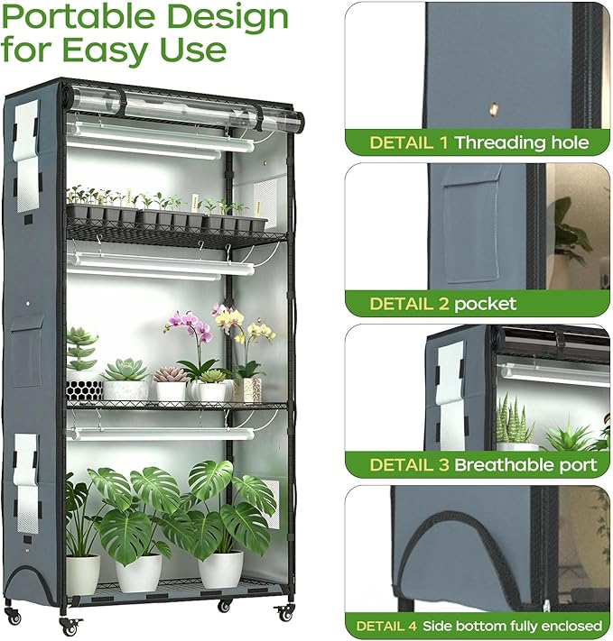 Indoor Greenhouse with Grow Light, 4-Tier Enclosed Plant Stand for Year-Round Indoor Gardening, 600D Oxford Cloth Cover, 6 Sets 3-Color Grow Light, Timer Plug & Hygrometer, 36" Wx 14" D x 63" H