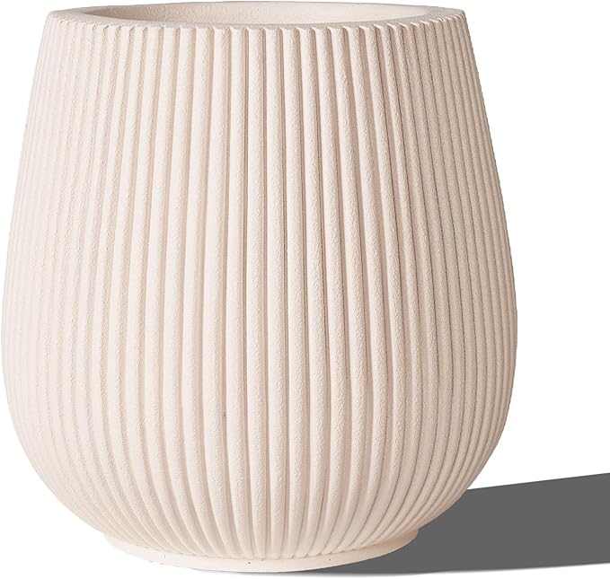 TerraDeco 16 Inch Handmade Concrete Outdoor Planter - Classic Striped Design | Fiberglass & Composite Material | Durable for Commercial & Home Decor