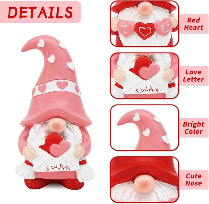 Valentines Day Decorations - Resin Valentines Gnomes Gift for Her - Valentines Day Tiered Tray Decor - Pink Love Valentine Mantle, Table Shelf Display
