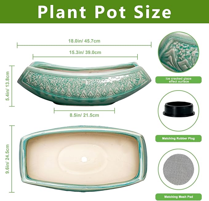 Teagas Bonsai Tree Pot - 18 Inch Ceramic Succulent Pots for Indoor Outdoor, Large Bonsai Planter with Drainage Hole, Ceramic Flower Pot, Decorative Planter, Gifts for Plant Lovers, Room Decor, Green