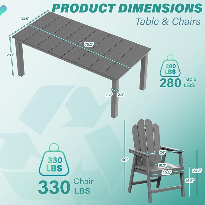 9-Piece Patio Dining Set, Outdoor Dining Set for 8, Large HDPE All-Weather Outdoor Furniture with 89.57” Umbrella Hole Table, 8 Armchairs, Gray