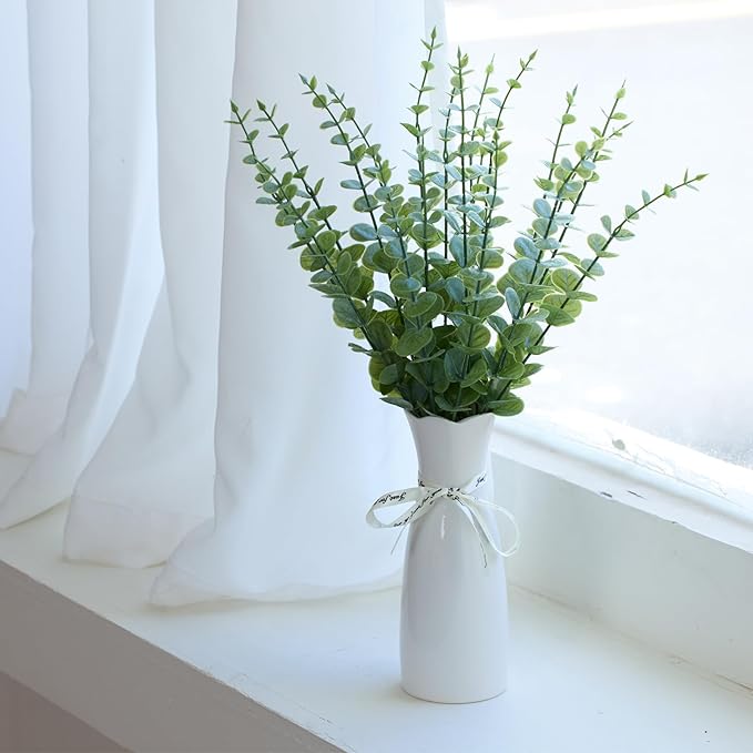 Grecezvk Faux Plants Indoor - Artificial Eucalyptus Stems in White Vase, Small Fake Greenery for Farmhouse Home Decor, Bathroom, Office, Classroom & Kitchen (Sage Green)