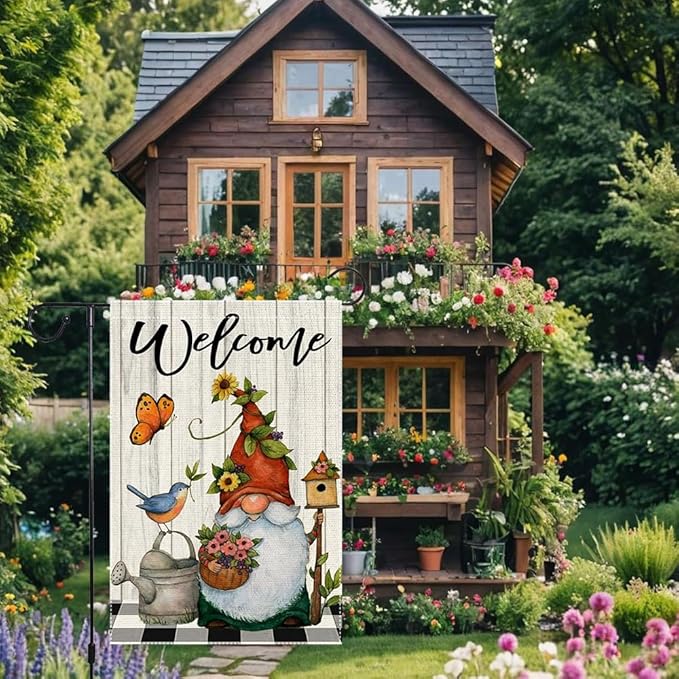 Welcome Spring Summer Garden Flag 12x18 Inch Double Sided Small Burlap Gnome Cardinal Flowers Butterfly Sunflower Buffalo Plaid Garden Flags Home Yard Lawn Holiday Outdoor Decorations