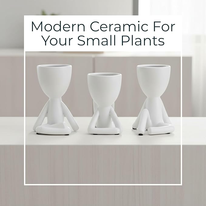 Ceramic Figurine Planter Set – Room Decor and Small Planter Use, Shelf, Desk, or Tabletop Placement – Modern Art-Inspired Sculptures for Garden & Home Decor – 6" & 5" & 6", White