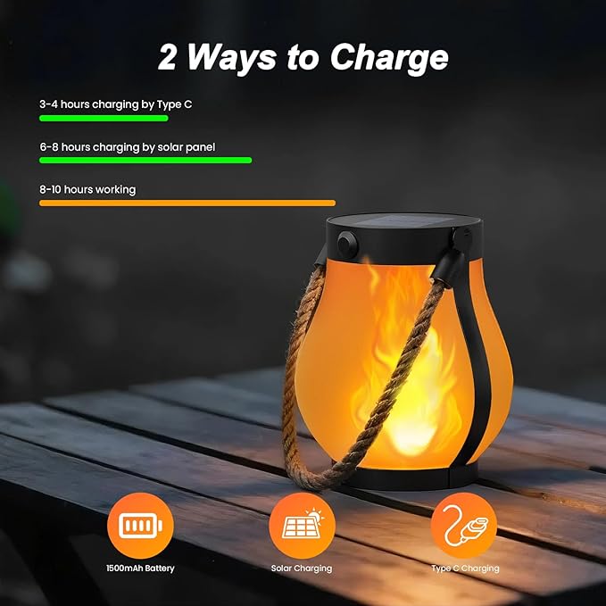 Hompavo Gen2 Solar Lanterns Outdoor with Ultra-Real Flame, Dual Charging (USB/Solar) & 2 Modes - Waterproof Decorative Hanging/Table Lights for Yard Patio Garden Gift Halloween Christmas Decoration, 4