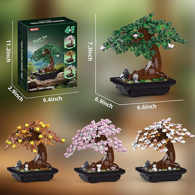 WINGIFT 900Pcs Four Seasons Bonsai Tree Building Set,4In1 Flowers Cherry Blossom Bonsai Building Kit,Botanical Collection DIY Plants for Home Office Decor,Christmas Birthday Gift for Adults Kids Girls