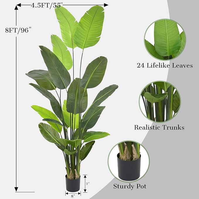 Bird of Paradise Plant Artificial 8FT - Tall Faux Plants Indoor with 24 Lifelike Leaves Trunks, 96" Large Fake Tropical Floor Plant for Home Office Living Room Bedroom Indoor Decor