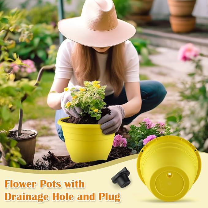 RooTrimmer 3 Pack 11 Inch Plant Pots with Drainage Hole and Plug, Durable Plastic Flower Pots for Indoor & Outdoor Plants, Elegant Mordern Plant Pots Perfect for Herbs, Flowers & Succulents, Yellow