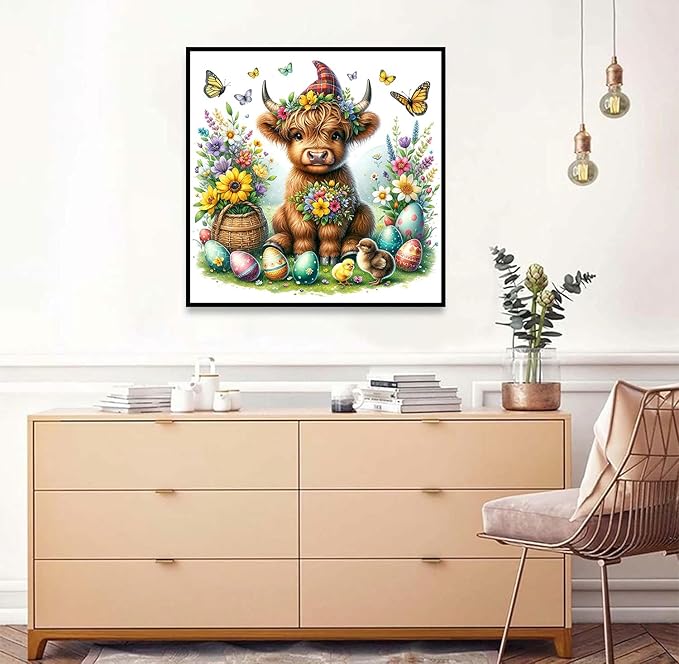 Axquilon Easter Diamond Art Kits for Adults - Highland Cow Diamond Painting Kits for Adults Beginner, DIY 5D Full Drill Gem Art for Home Wall Decor 14x14 inch