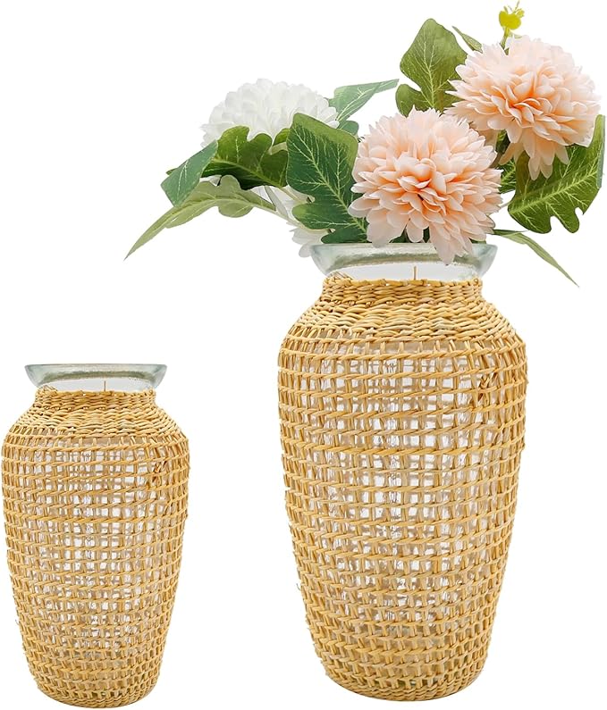 MDEOOSKY Straw Woven Glass Vase 7.9''x2.36''x3.5''Boho Glass Flower Vase Country Rustic Style Vase Glass Vase for Floral Arrangements Bottle Height (A Style 7.9IN)
