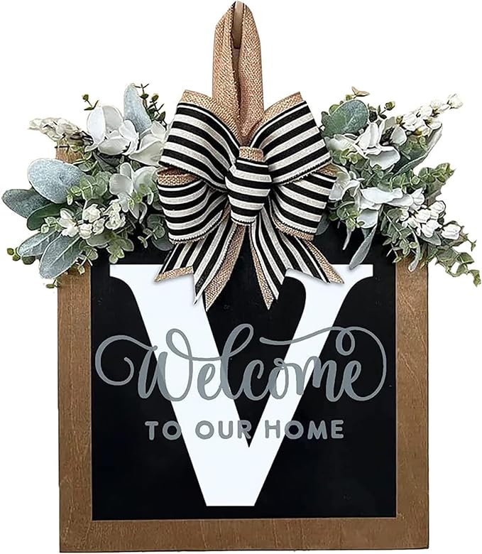 Last Name All Year Wreath, for Front Doors, Spring, Fall, 26 Last Name Letters All Year Round Wreaths, Suitable for Wedding Decorations, Home Porches, Farmhouses, Yards, Garden Decorations, Gifts (V)