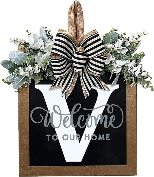 Last Name All Year Wreath, for Front Doors, Spring, Fall, 26 Last Name Letters All Year Round Wreaths, Suitable for Wedding Decorations, Home Porches, Farmhouses, Yards, Garden Decorations, Gifts (V)