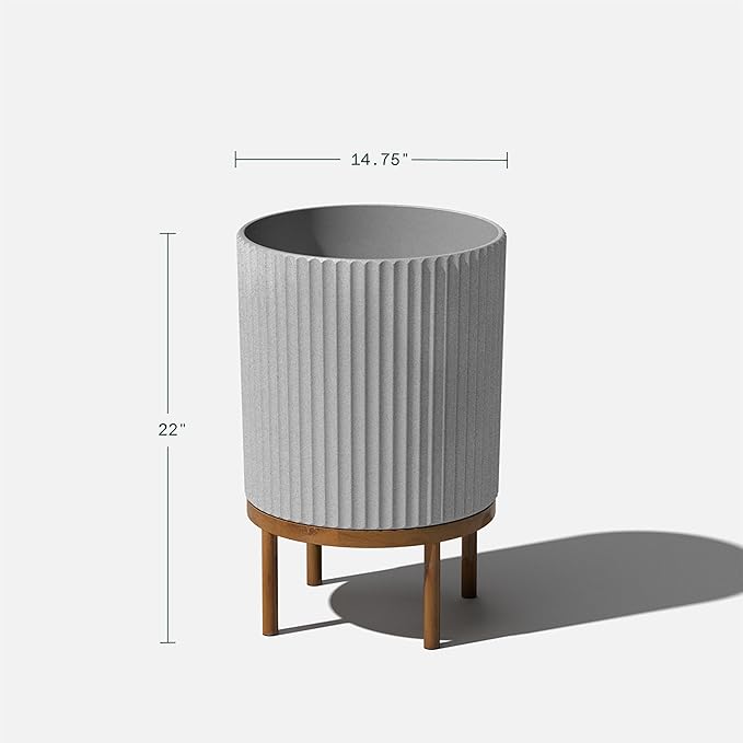 Veradek Demi Series Round Planter w/Stand for Porch/Patio | Durable Plastic-Stone Composite & Wooden Stand | Modern Décor for Tall Plants, Flowers