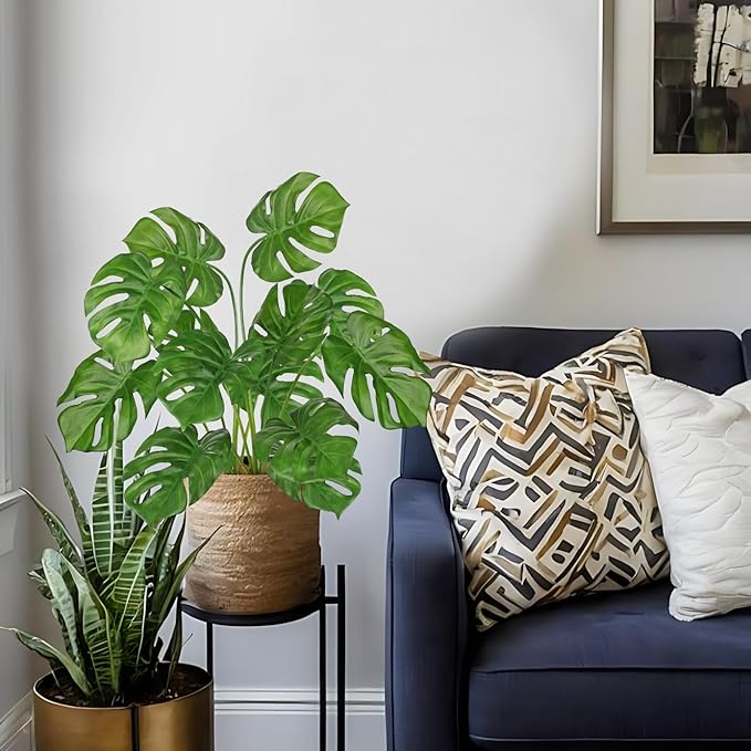 Hollyone 2PCS Artificial Monstera Plants Leaves 28.7" Fake Tropical Monstera Bush Tree Leaf Large Faux Greenery Stem Shrubs for Indoor Outdoor Home Garden Arrangement Jungle Safari Wedding Party Decor