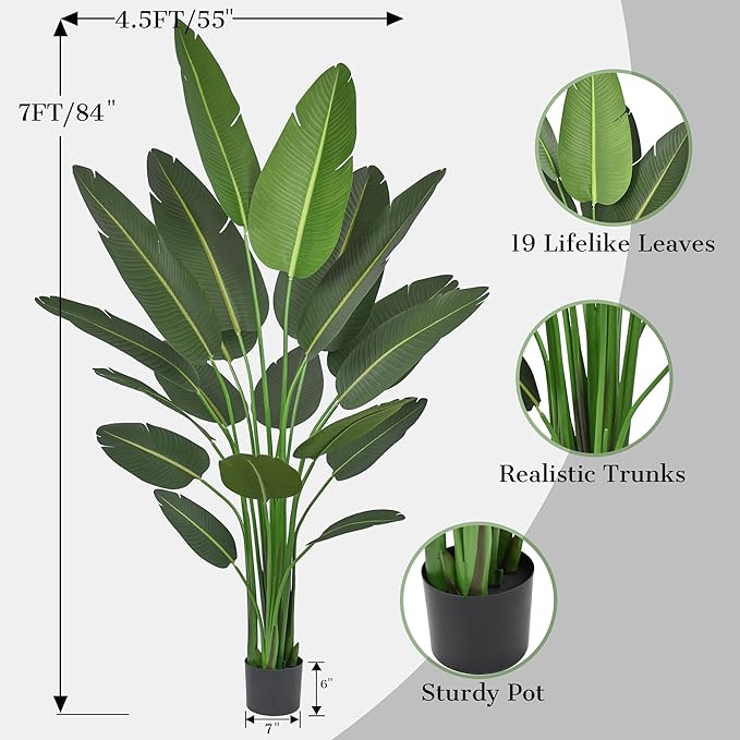 7FT Bird of Paradise Artificial Plant, 84" Tall Artificial Plants Indoor with 19 Realistic Leaves, Fake Floor Plant Faux Tropical Trees with Pot for Home Living Room Office Mall Indoor Decor