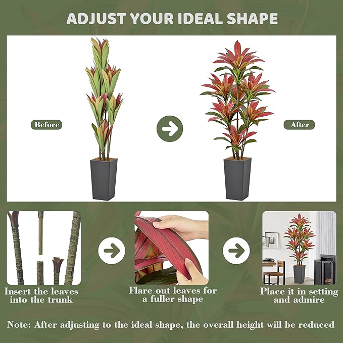 Roselywed Artificial Red Dracaena Tree 6FT with 114 Leaves & 7 Heads & Gray Tall Planter Cover with Coconut Fiber Tall Faux Tropical Silk Bicolor Plant 72 Inch for Indoor Home Office Porch Mall Decor