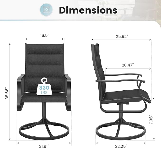 Patio Swivel Chairs Set of 2, Outdoor Dining Chairs with High Back, 360° Swivel Rocker Chair in All-Weather Padded Textilene & Metal Frame for Garden, Porch, Backyard, Balcony(Padded Black)