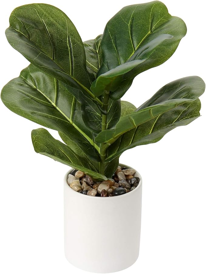 Briful Small Fake Fiddle Leaf Fig Plant - 13" Artificial Ficus Lyrata in White Ceramic Pot for Home Decor Indoor Table Office Bathroom Shelf