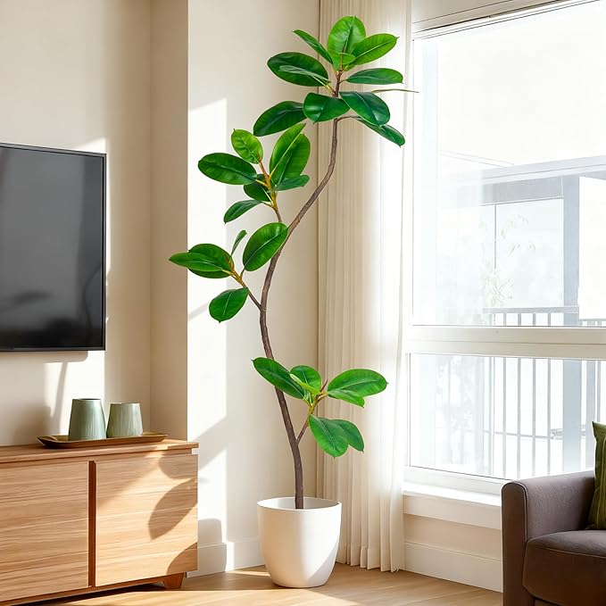 5.2FT Artificial Rubber Tree Faux Plants Indoor Faux Floor Artificial Trees Indoor,Fake Plant Fake Tropical Plants,Large Floor,Real Touch Rubber Tree for Home Decor