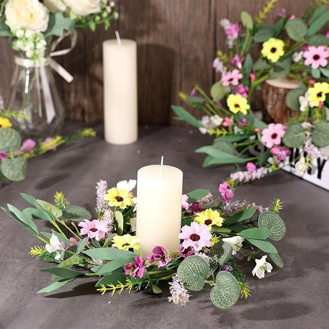 4 Pcs 9" Mini Spring Summer Flowered Wreath Floral Wedding Candle Rings Wreaths Kitchen Cabinet Wreaths with Ribbon for Pillars Wedding Table Centerpiece Farmhouse Party Home Door All Seasons Decor
