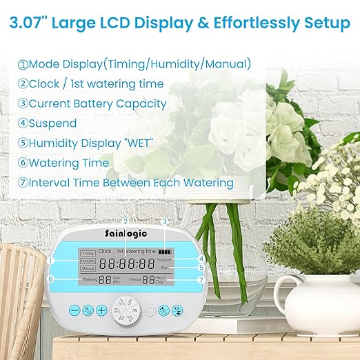 Sainlogic Smart Automatic Plant Waterer for 15 Potted Plants, Self Watering System with Deep Root Irrigation, Humidity Monitor Display, IP64 Programmable Timer for Travel, Vacation, Indoor Garden