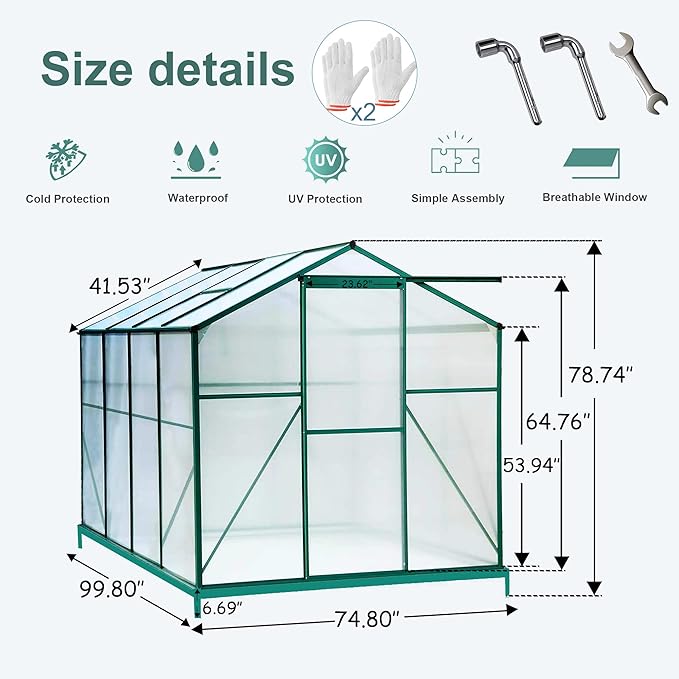 Favfurish 8x6 FT Greenhouses for Outdoors, Outside Heavy Duty Walk in Green House for Garden Plants, UV Protection Adjustable Roof Vent, Thermostatic Waterproof and Insect Resistant, Green
