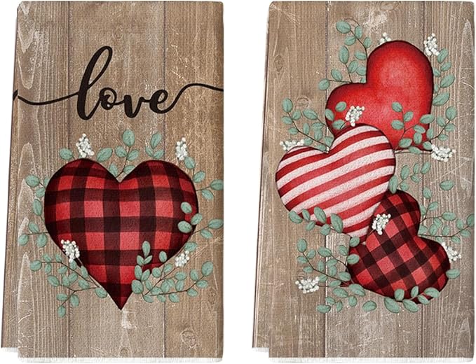 Artoid Mode Wood Heart Love Valentine's Kitchen Towels Dish Towels, 18x26 Inch Farmhouse Wedding Anniversary Decoration Hand Towels Set of 2