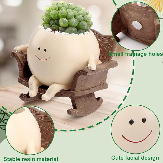 KIUGCO Cute Resin Flower Head Planters, Smily Face Planter Pots for Indoor Plants, Sit Rocking Chair Succulent Flower Pots with Drainage Hole, Gift IdeaI for Birthday
