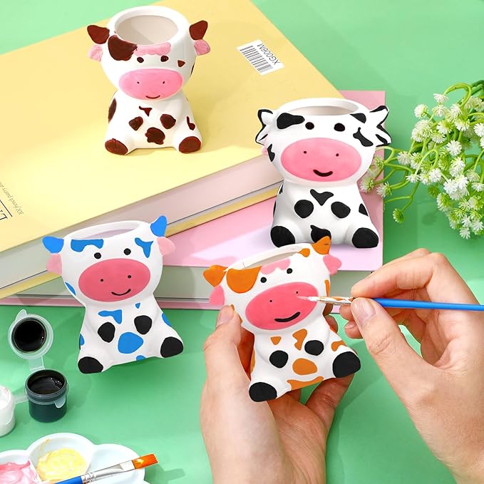 Pasimy 6 Set Ceramics to Paint DIY Ceramic Succulent Planter Pots Paint Your Own Flower Pots Craft Kit Unpainted Bisque Flowerpot with Brush Palette for Family Activity Holiday Gifts(Cow)