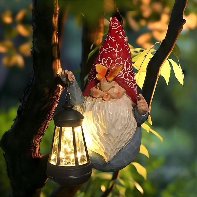HONGLAND Gnomes Figurines Fence Hugger Solar Fence Lights Outdoor Hanging Decor Porch Tree Decorations Yard Ornaments Funny Gifts for Mom Women