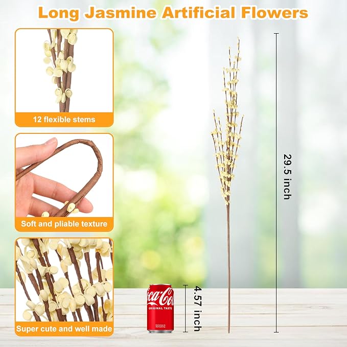 10 Pcs 29.5" Long Jasmine Artificial Flowers Yellow Flowers Long Stem Artificial Stem for Tall Vase Home Office DIY Floral Plant Wedding Dried Fall Flower Party Vase Decoration (Macaron Yellow)